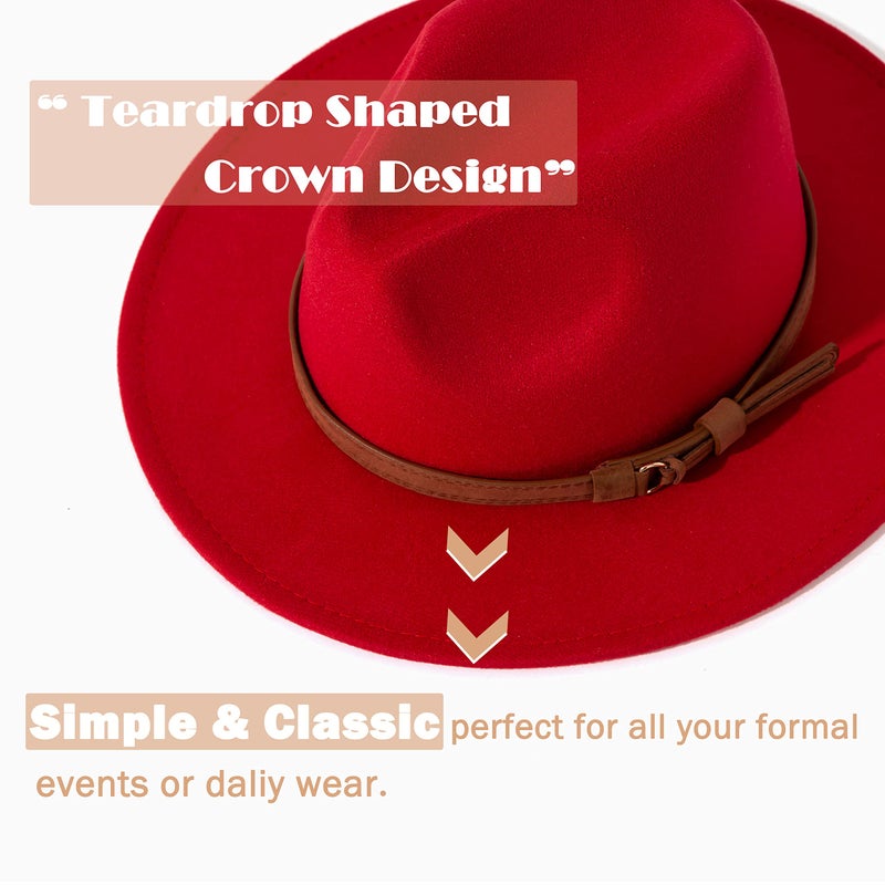 Lisianthus Men & Women Vintage Wide Brim Fedora Hat with Belt Buckle A-Red 59-60cm - Image 2